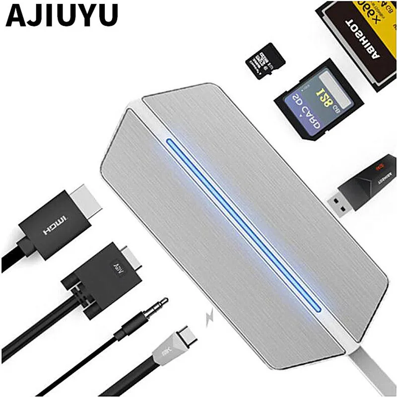 AJIUYU Type c HDMI VGA конвертер Thunderbolt 3 концентратор RJ45 кардридер PD USB для ноутбуков HP SPECTRE