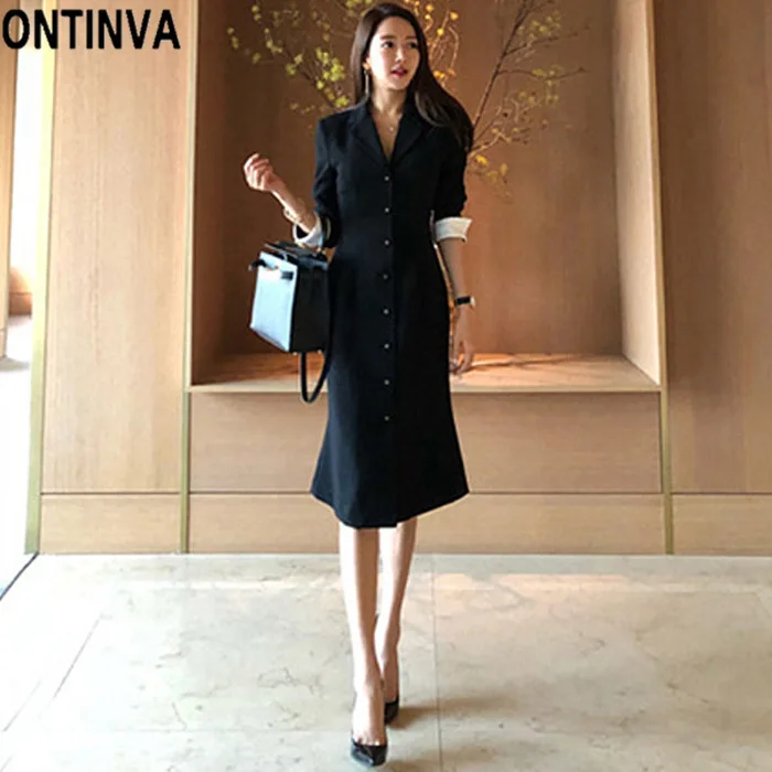 

2019 Spring Women Slim Dress Elegant Single Breasted Fashion Trendy Blazer Tunic V-Neck Long Blazer Fit Work Wear Vestido Robes