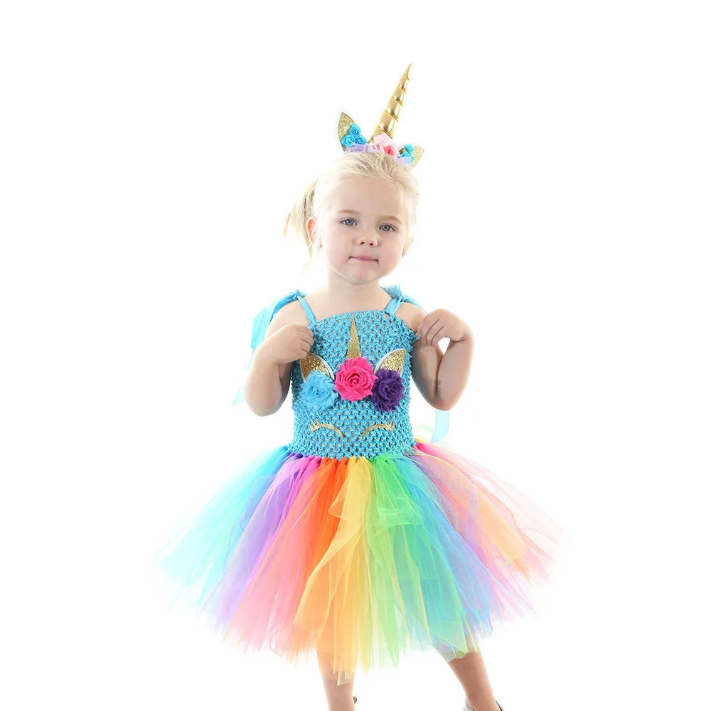 

Fancy Unicorn dress for Girls Unicornio kids knitted Dress with Headband Summer evening Princess Tutu Dress