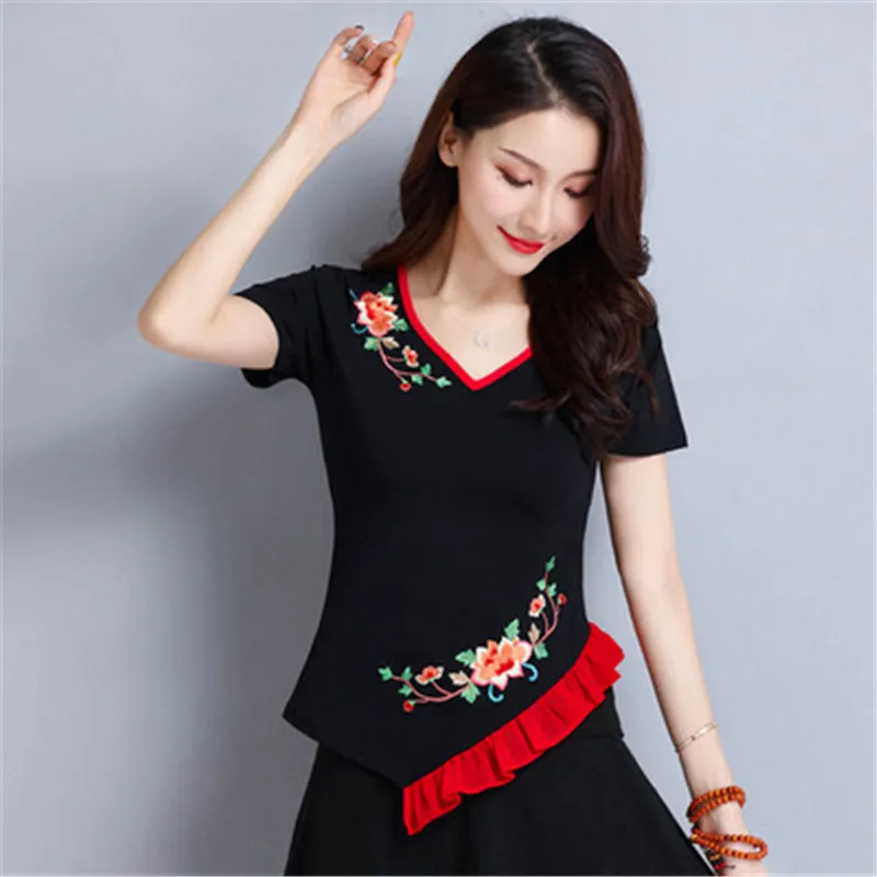 Футболка винтажный летний топ с цветочной вышивкой Camisetas Mujer Футболка Camisa Feminina топы Футболка женская плюс размер 5XL Harajuku