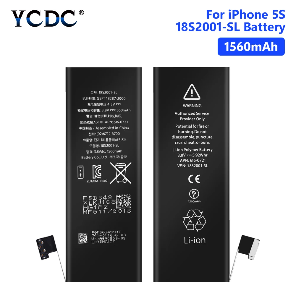 YCDC литий-полимерный телефон высокого качества 3,8 в 1560 мАч батарея для перезаряжаемого телефона батарея iPhone 5S 5C iPhone5S батареи