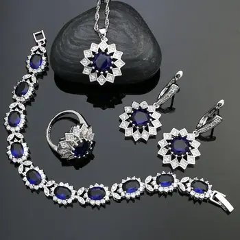 

925 Sterling Silver Party Jewelry Sets Blue Stone White Crystal For Women Earrings/Pendant/Necklace/Ring/Bracelet