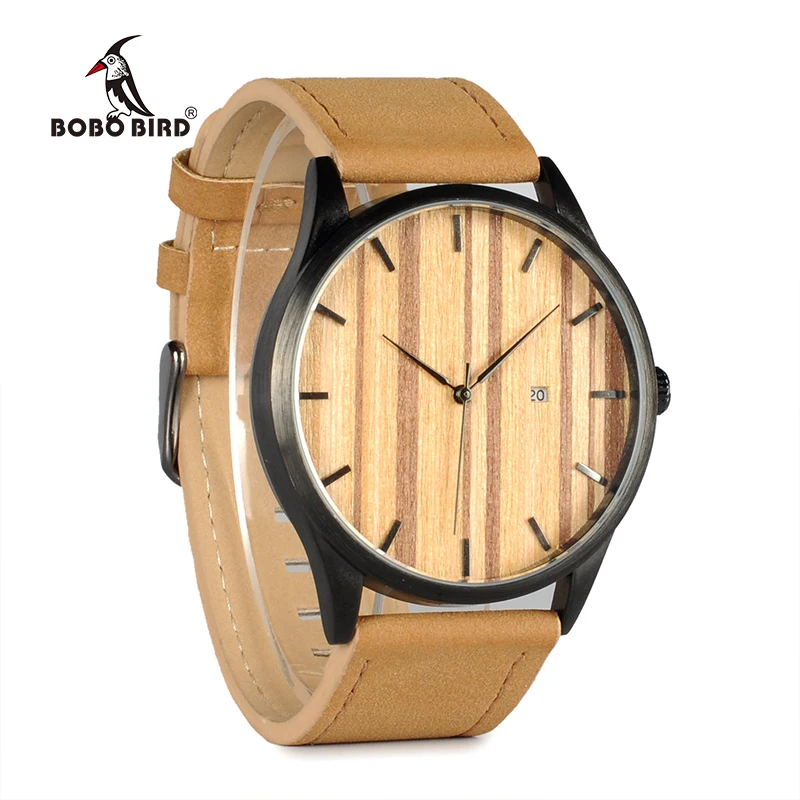 BOBO BIRD WG16 Simple Top Brand Luxury Metal Quartz Wrist Mens Watch Calendar Display Wood Dial Face Watches Accept OEM Relogio