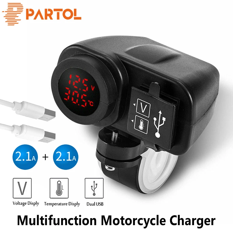 

Partol Multifunction Motorcycle USB Charger LED Digital Voltmeter Thermometer 2.1A+2.1 For Charging GPS iPhone iPod PSP Phones