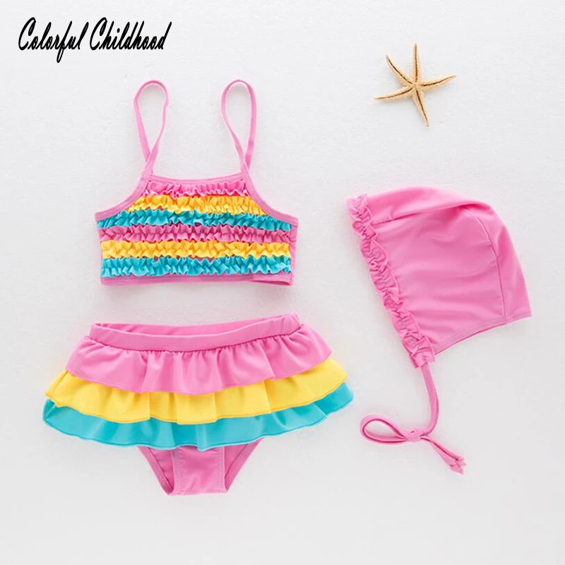 2018 Summer baby swimwear kid swimsuit Split Rainbow Child Swimsuit 3Pcs Infant Kids Baby Girls