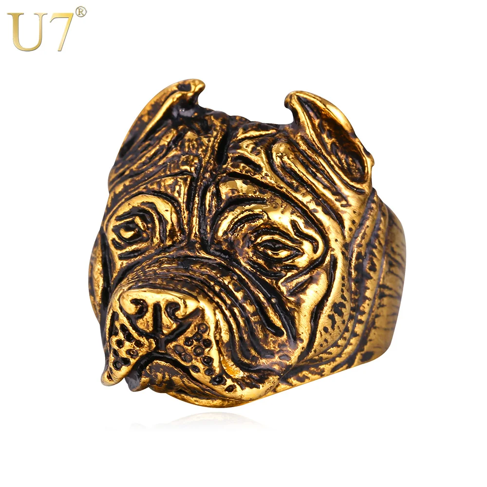 

U7 French Bulldog Punk Ring Men Trendy Fashion Jewelry Wholesale Gold Color Stainless Steel Ring For Men Jewelry R411