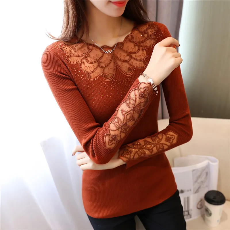 Fashion Hollow Out Women Sweaters Knitted Long Sleeve Spring Autumn Lace Patchwork Pullovers Sexy Blusas Mujer Body Top 