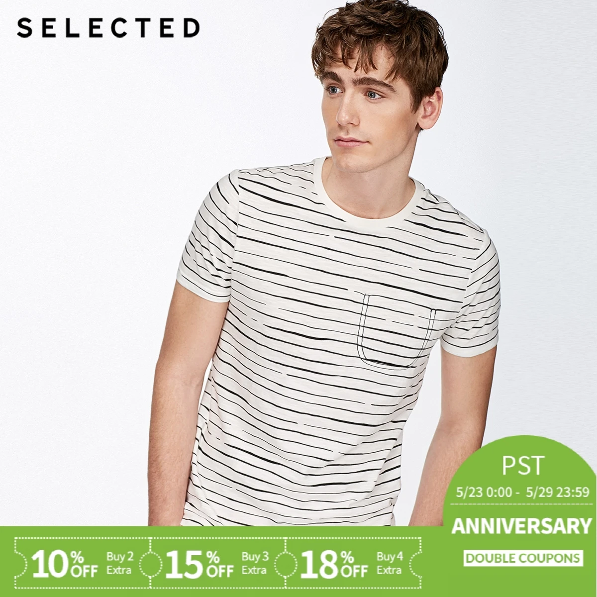 

SELECTED new men's cotton striped fashion round neck casual short-sleeved T-shirt C|4182T4532