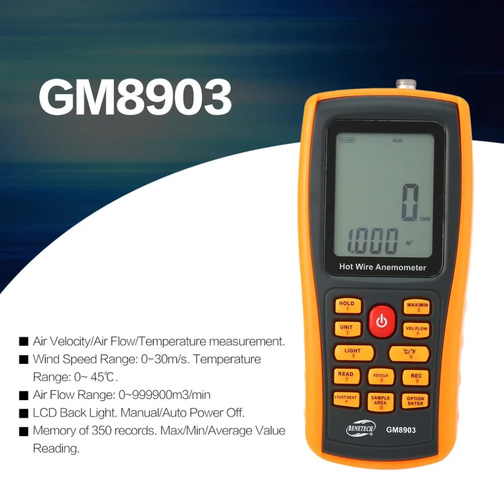 BENETECH GM8903 Портативный Hot Wire цифровой анемометр 0 ~ 30 м/с Air Температура метр 45C ветер