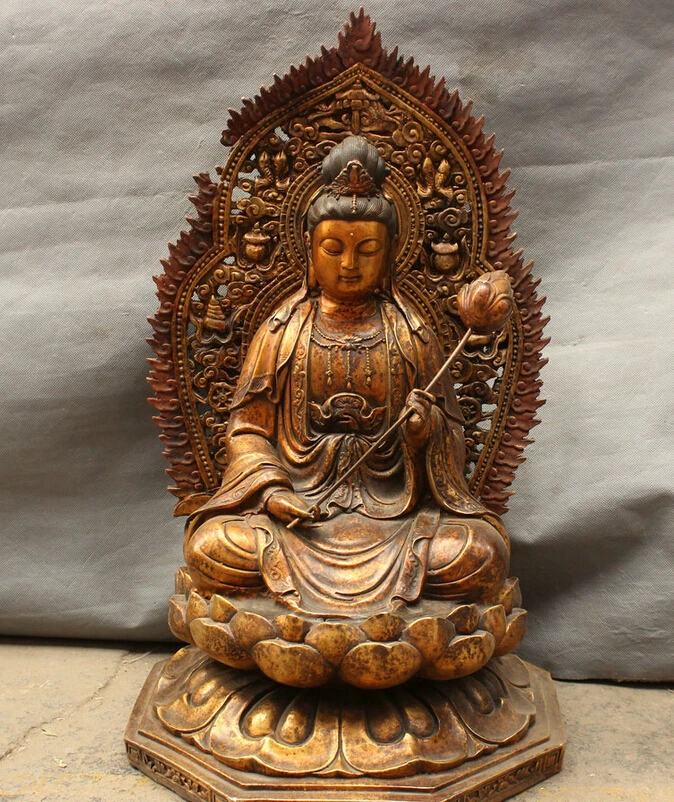 

song voge gem S3686 23" Chinese Bronze Gilt Buddhism Pray Lotus Kwan-Yin Quan Yin Goddess Statue