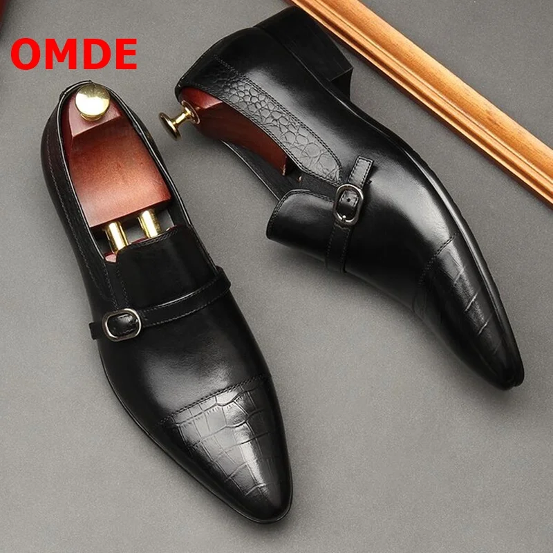 OMDE Pointed Toe Genuine Leather Shoes Men Loafers Handmade Buckle Straps Wedding Slip On Dress | Обувь