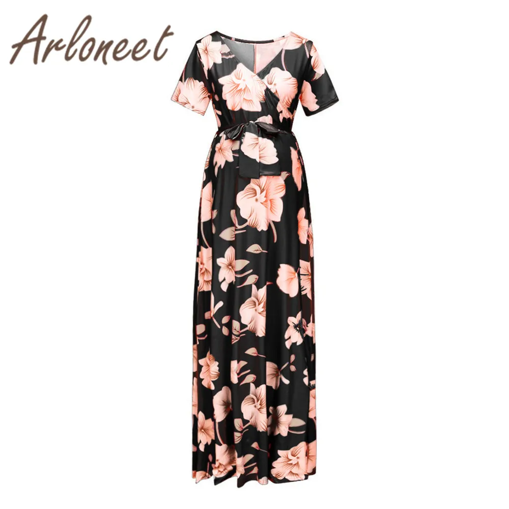 Одежда arloneet женское платье для беременных Vestidos платье с цветочным принтом и бантом элегантное платье с v-образным вырезом Летняя женская одежда для беременных