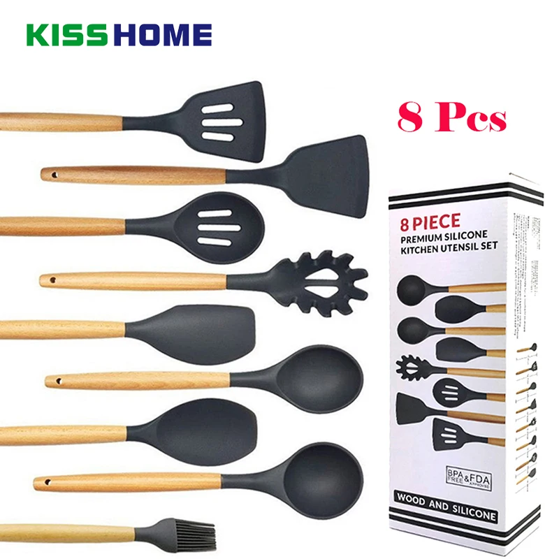 5/6/7/8/9 Pcs Wooden Handle Silicone Kitchenware Kitchen Cooking Tools Multi-Purpose Grade Spatula Ladle For Birthday Gift