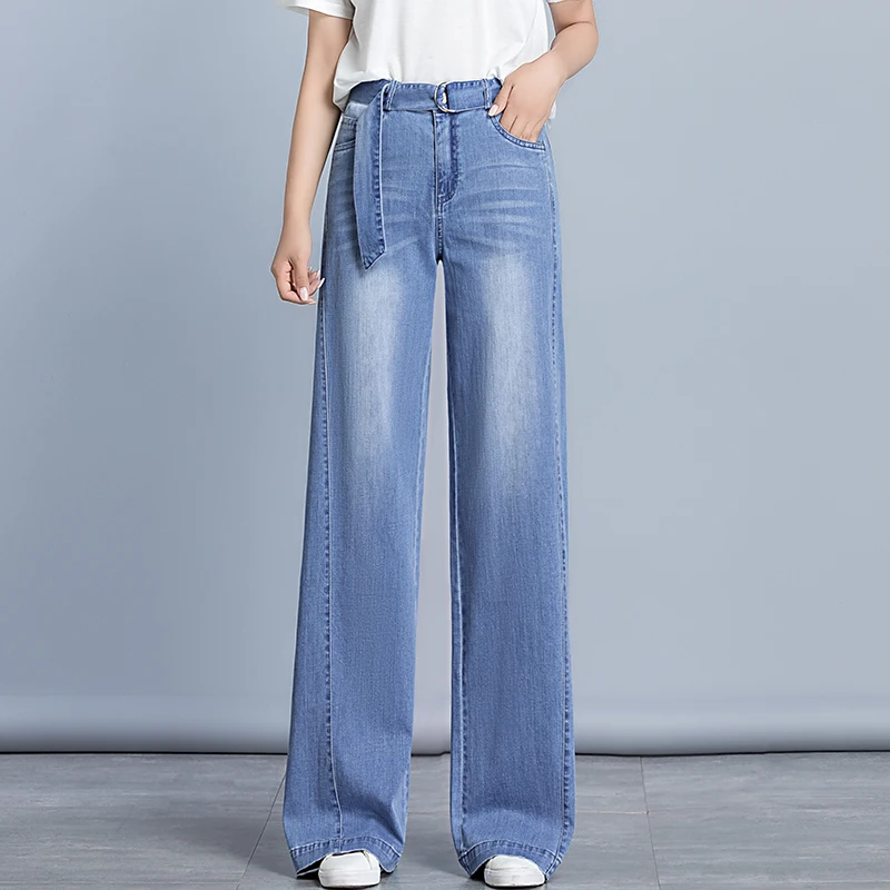 

2019 Spring Autumn New Arrival Women Casual Blue Wide Leg Pant High Waist Washed Denim Trousers