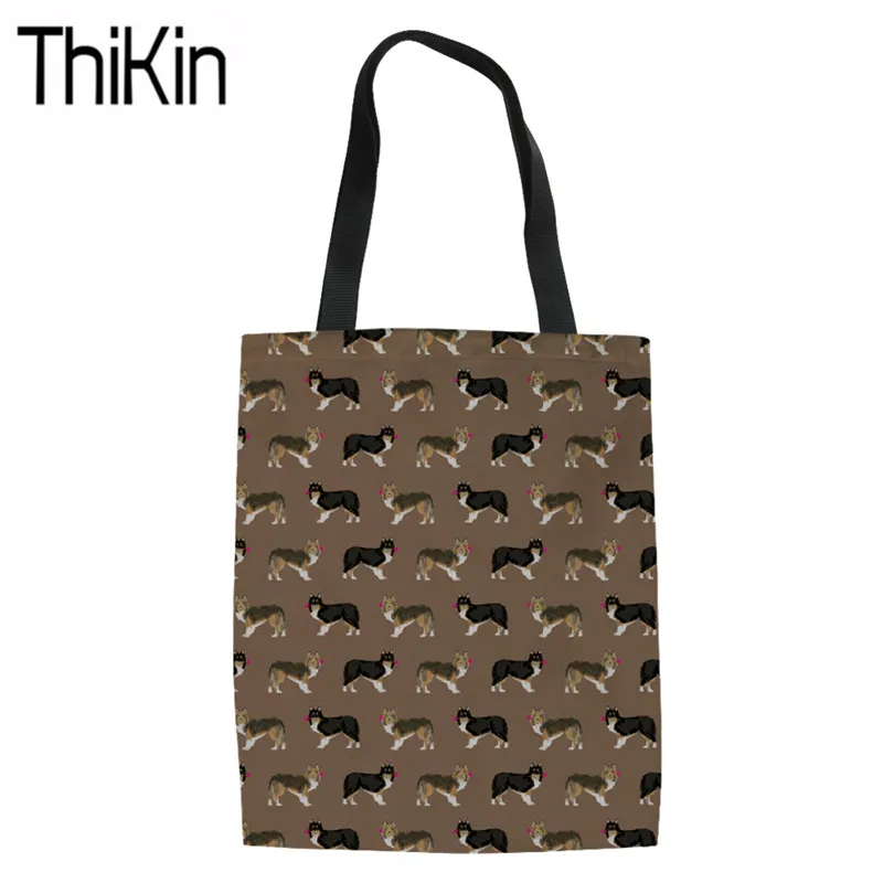 

THIKIN Women Sheltie Printing Shopping Bags Ladies Foldable Shopper Bag for Females Canvas Shoulder Tote Bags Reusable Eco Pouch