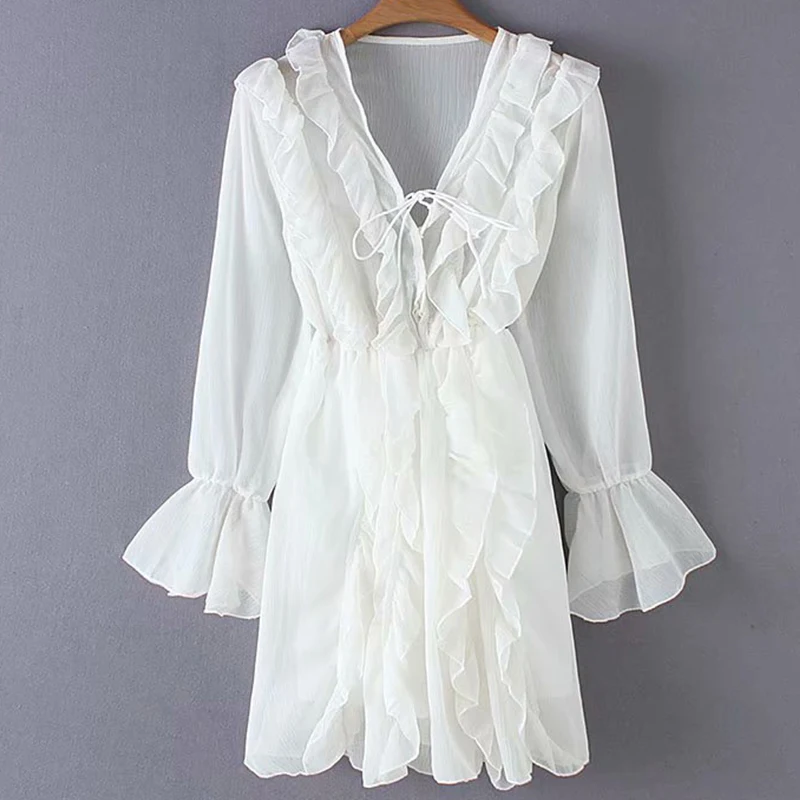 Women's Clothing Dress 2019 V-Neck Wooden Ear Decoration Bell Sleeve Dress Ms Summer Street Sexy Slim Fit Temperament Clothing