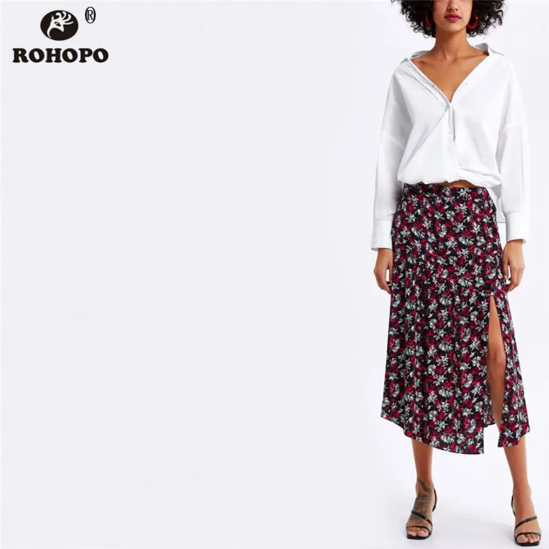 ROHOPO, женская маленькая плиссированная юбка миди с цветочным рисунком, с разрезом сбоку, винтажная повседневная юбка, драпированная, расклешенная, гармошка, Falda# CW9032