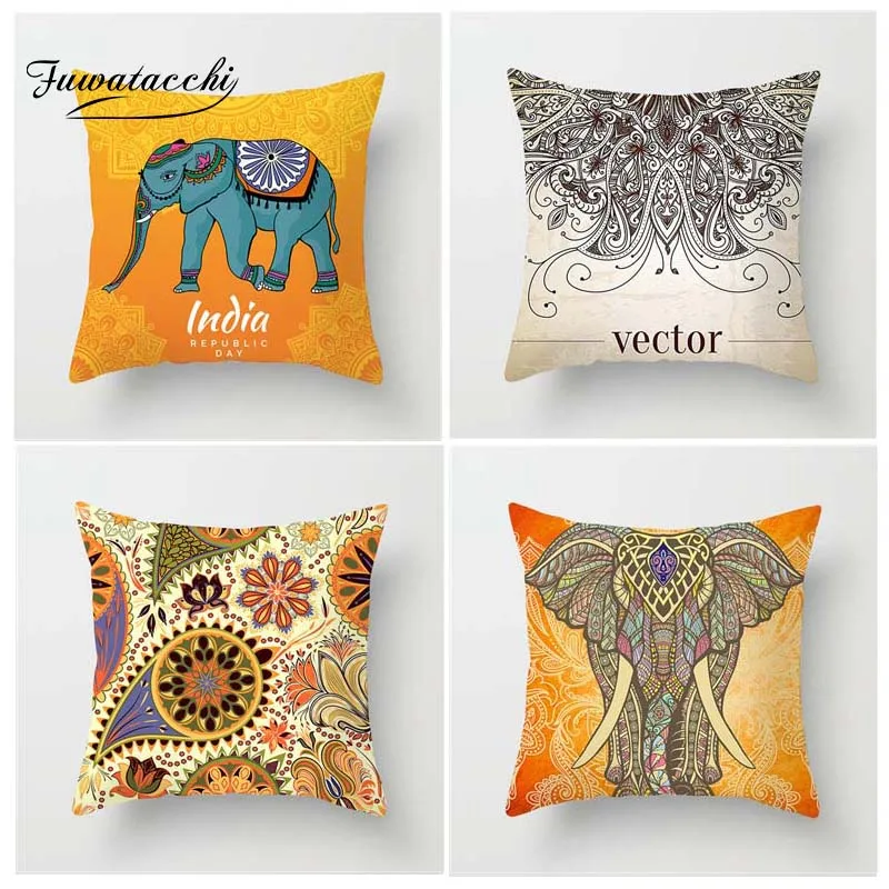 Handmade Pillow Cushion Mustard Yellow Brocade Elephant Indian Cushions Covers 