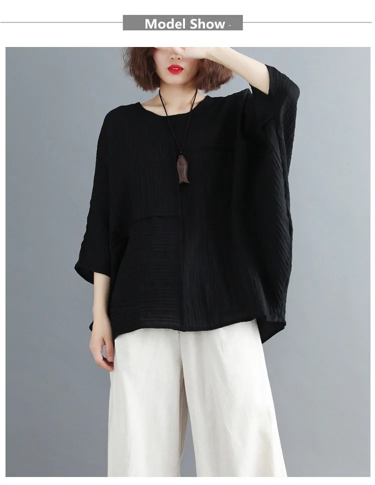 LZJN Summer Women Fashion Shirt Solid White Black Color Oversize Loose Tops Batwing Sleeve Casual Cotton Linen Blouse Plus Size (15)