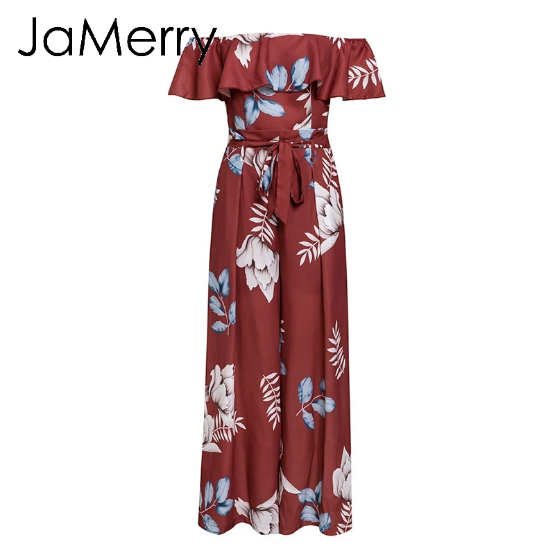 JaMerry, винтажный, богемный, цветочный принт, женский комбинезон, Boho, элегантный, с открытыми плечами, с поясом, длинный комбинезон, летний, пляжный, с оборками, комбинезон - Цвет: red print