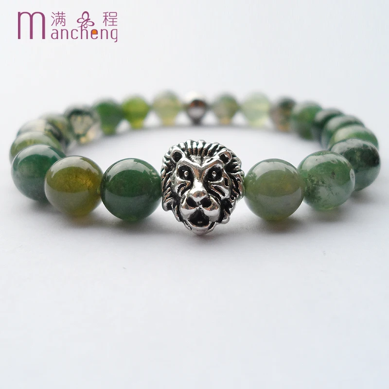 

Man's Linon head bracelet,natural 8MM 5A Moss agates beads bracelet women,lion head stainless steel ball beads bracelet jewelry