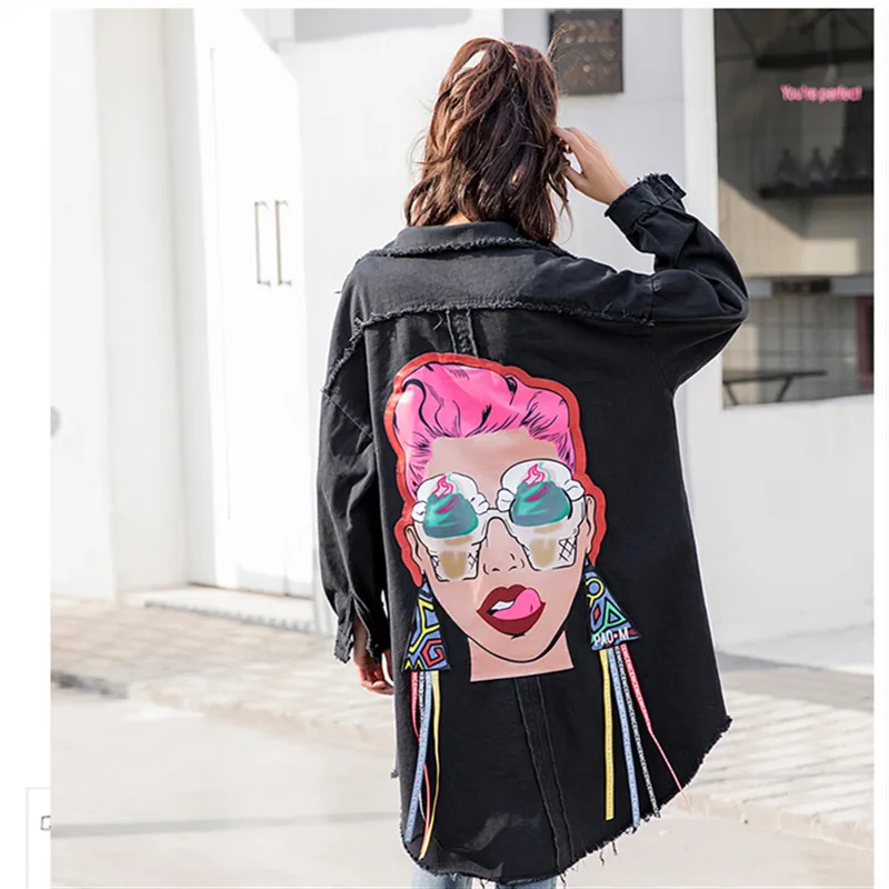 

Harajuku loose jeans jacket womens Fashion print Ribbon long sleeve Denim jacket female Casual Retro Basic plus size long jacket