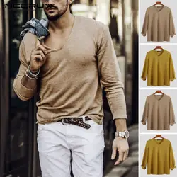 INCERUN с длинными рукавами Осень v-образный вырез 2019 мужской тонкий пуловер свитер сплошной цвет Повседневный свободный уличная Удобный