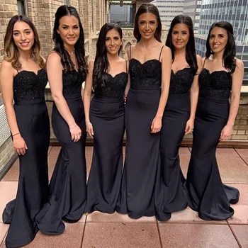 

2019 Black Spaghetti Straps Satin Mermaid Long Bridesmaid Dresses Lace Top Beaded Sweep Train Wedding Guest Maid Of Honm Dress