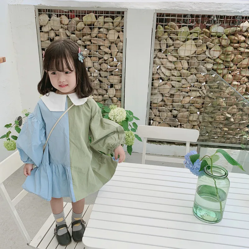 Новое Осеннее милое платье в Корейском стиле в стиле пэчворк для маленьких девочек Тканое хлопковое платье с пышными рукавами для малышей Детская одежда
