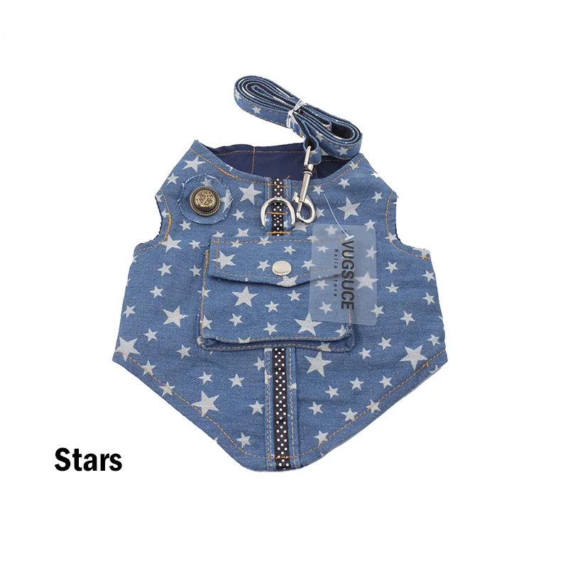 Джинсовый жилет для собак, поводок, набор звезд для маленьких и средних собак, джинсовая одежда, пальто, одежда, одежда, терьер, товары для щенков питомцев - Цвет: Stars