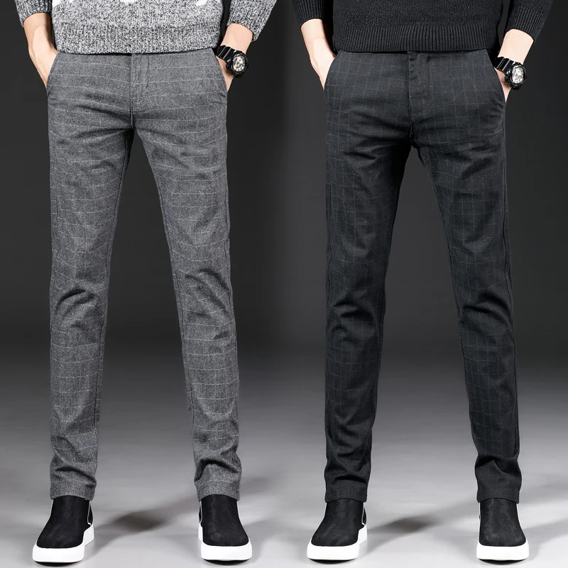 Мужские деловые повседневные брюки, трендовые дизайнерские корейские стильные тонкие мужские брюки, классические клетчатые высококачественные прямые Стрейчевые брюки для мужчин
