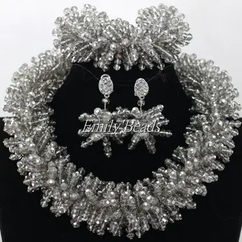 

Chunky Nigerian Traditional Wedding Beads Necklace Set Gray Crystal Beads Set African Costume Jewelry Set Free Shipping ALJ267