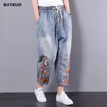 

BUYKUD Embroidery Floral Elastic Waist Ripped Jeans Women 2018 New Summer Casual High Waist Denim Pants Femme Plus Size XL