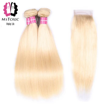

Mstoxic 613 Blonde Straight Hair Bundles With Closure Brazilian Hair Weave Bundles With Closure #613 Blonde Remy Human Hair