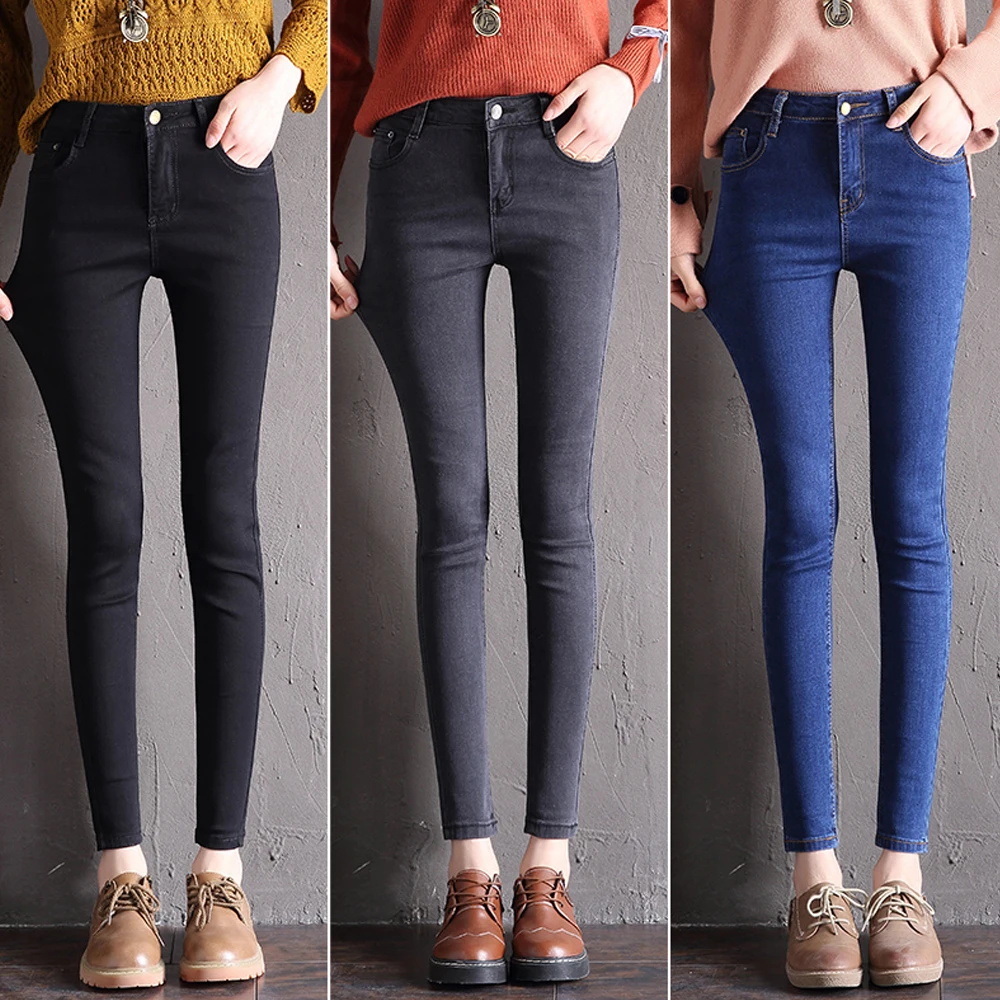 

New Fashion Brand Women Stretch Jeans High Waist Denim Pants Skinny Pencil Pants Trousers Black Gray Blue Ladies Push Up Jeans