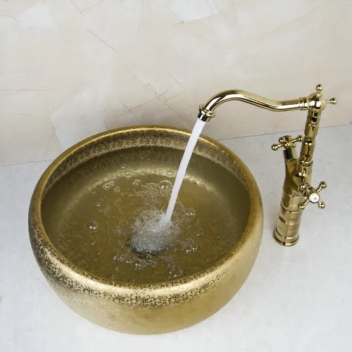 YANKSMART, керамическая раковина для ванны, высокий золотой двойной кран для раковины+ раковина для ванной комнаты, умывальник, санузел, комбинированный набор, смеситель, кран 46048631K