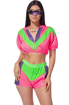 

New women summer two piece set Patchwork Crop top Hooded + shorts suit Short Pants fashion tracksuit outfit Sportswear