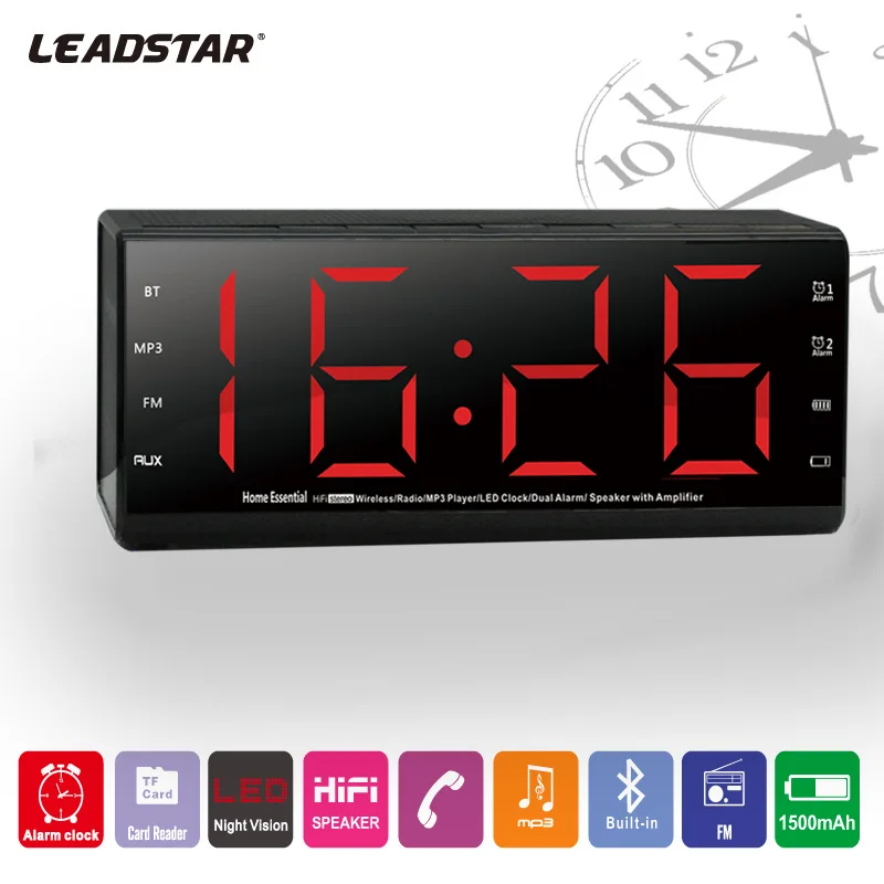 Беспроводная bluetooth колонка Leadstar fm радио часы с будильником и функцией
