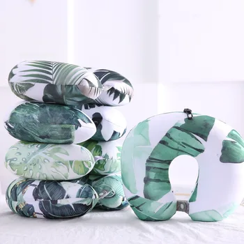 

U-Shape Pillow With Button Tropical leaves Plam Nano Beads/Soft Polyester Neck Pillow Protect Headrest Travel Soft Cushion