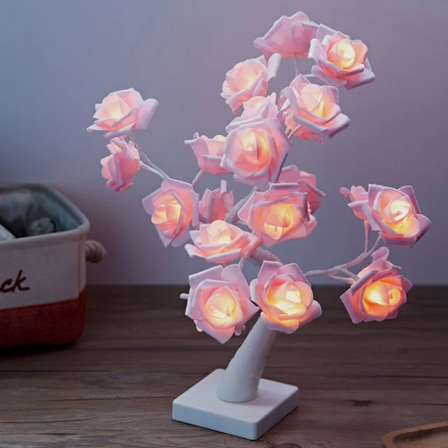 LED Rose Tree Table Lamp LED Garland Lights Adjustable Pink Rose Flower