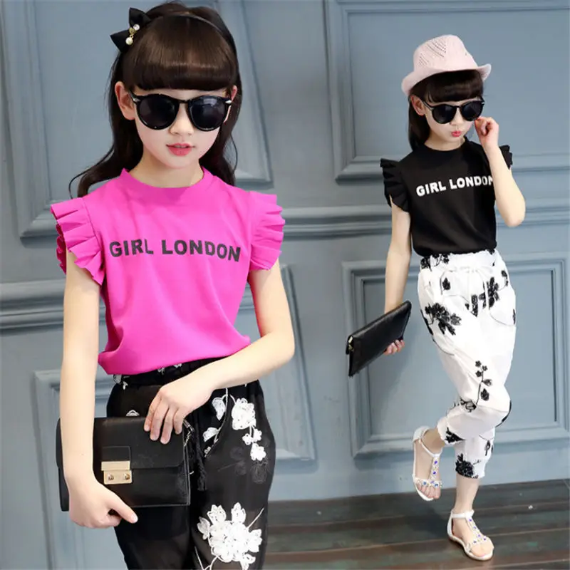 

Summer clothes sets girls kid fashion cotton tops+pants 2pcs tracksuits for teenager girl children birthday clothing suit outfit
