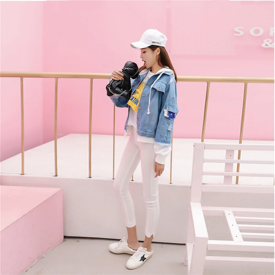 Women Hole Short Embroidery Denim Jacket Loose Solid Korean Denim Jacket Coat Winter Women'S Retro Trend Fashion Wear New 2019