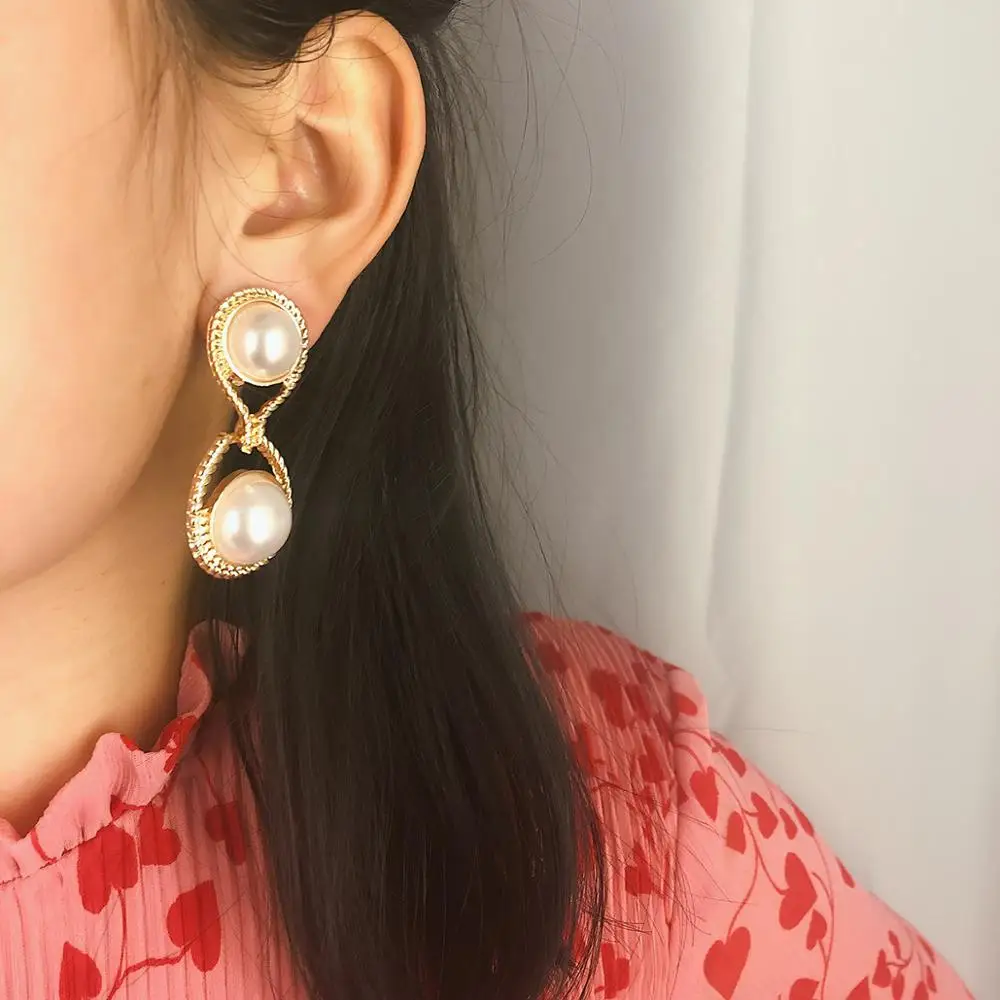 

Pearl Earrings Hollow Geometric Earrings For Women Retro Simple Pearl Jewelry Long Boho Style Fashion Bohemian Big Earring