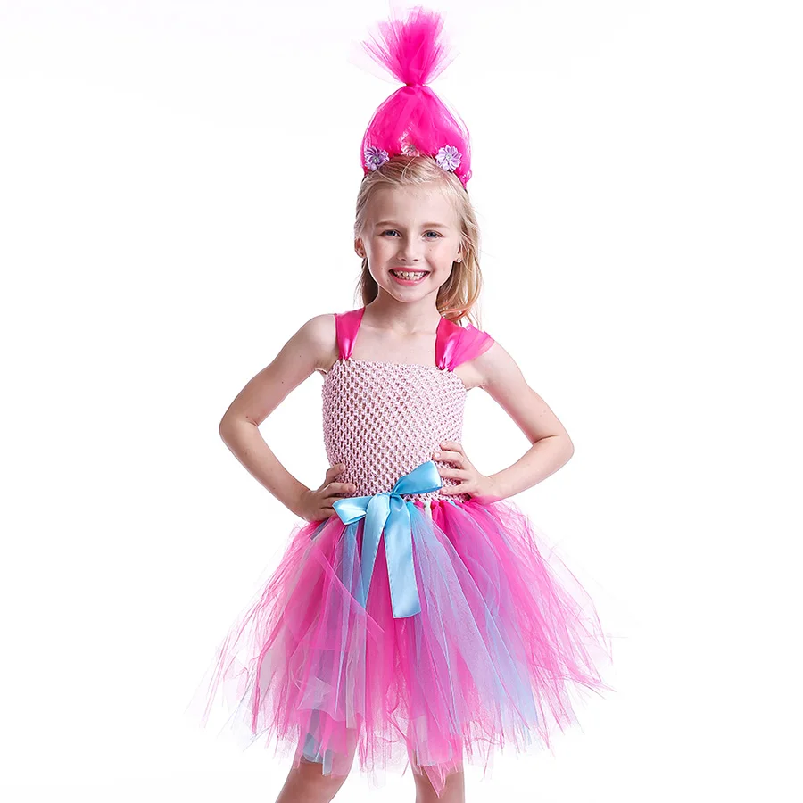 Girls Troll Poppy Tutu Dress Kids Halloween Pink Tulle Costume (4)
