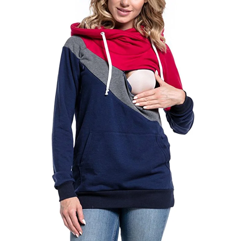 Long Sleeve Nursing Hoodie Maternity Top Clothes Colorblock Hooded