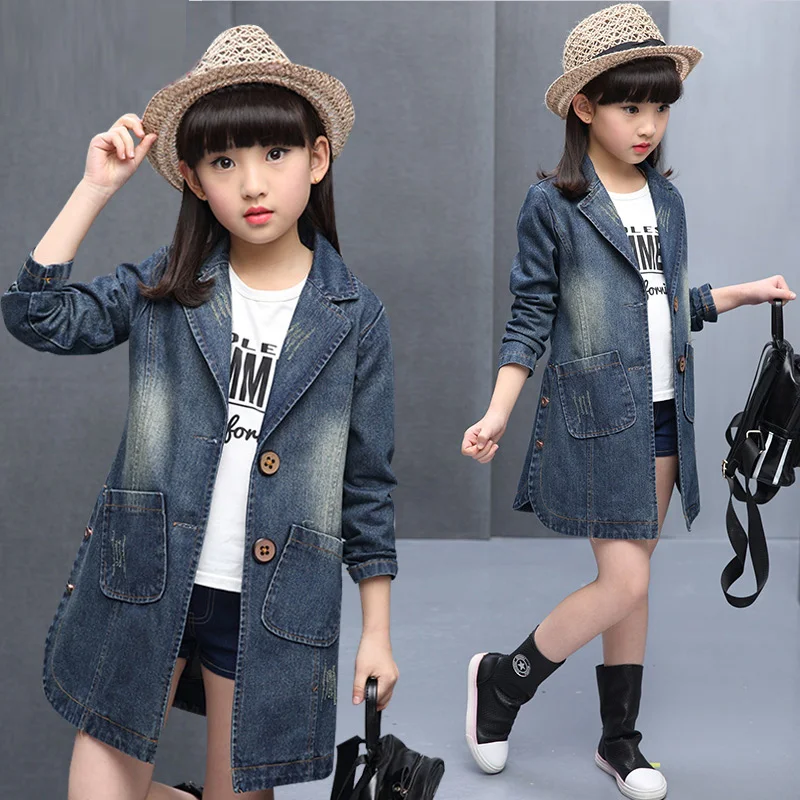 

New Girls Casual Denim Coat Spring Fall New Kids Long Windbreaker Cute Princess Outerwear Children's Washed Leisure Jacket B97