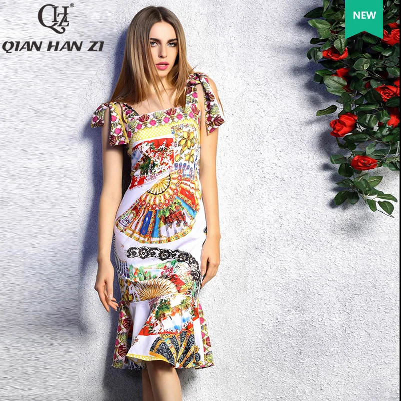 

Qian Han Zi 2019 newest Designer fashion summer sexy dress Women's Spaghetti Strap Bow Fan Print Elegant Mermaid bodycon dress