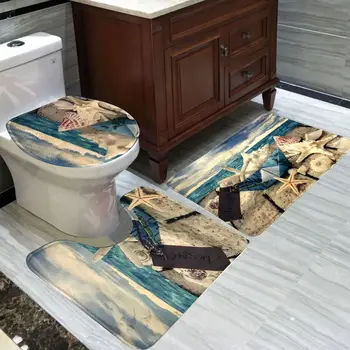 

Flannel Absorbent 3pcs/set Ocean Pattern Bath Mat Bathroom Anti-slip Mat Set Toilet Seat Cover Rug Bathroom Accessories