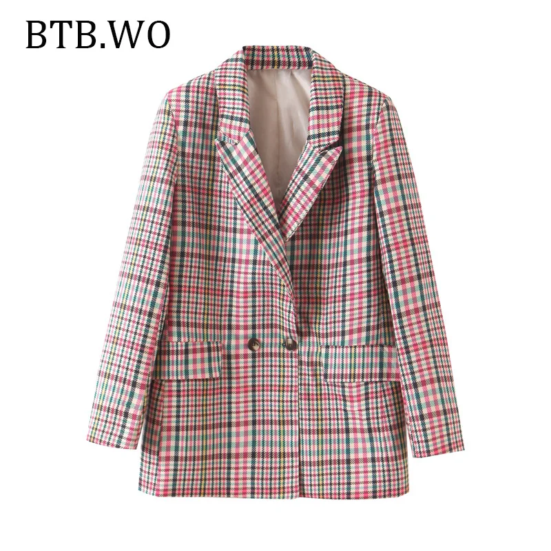 

BTB.WO Women 2019 Chic plaid blazer pockets double breasted Long Sleeve Office Wear Coat Female Blazer Casual Outerwear Tops