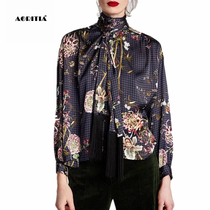 

2019 Spring Floral Print Bow Shirt Women Blouses Long Sleeve Shirts
